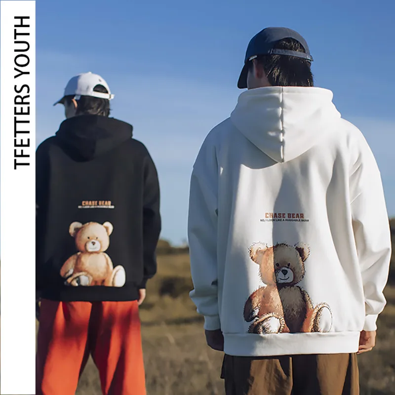 

TFETTERS 2020 Autumn Winter Sweatshirts Men Hooded New Fashion Cute Teddy Bear Clothes Male Cartoon Letters Print Couple Hoodies