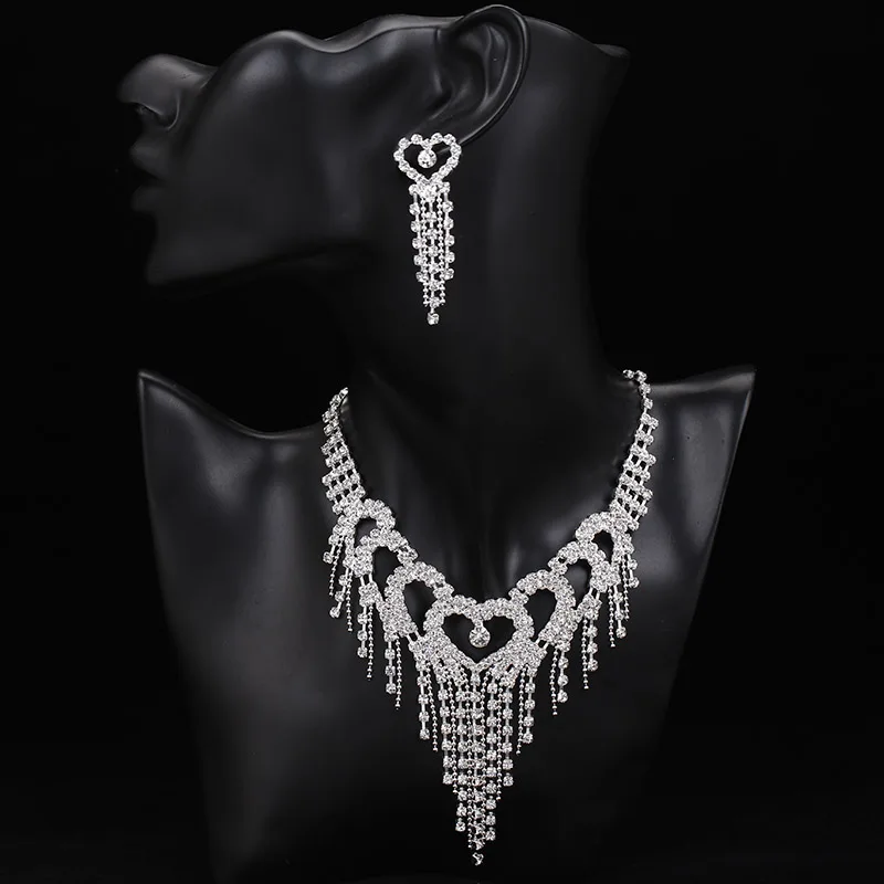 TREAZY Luxury Rhinestone Crystal Bridal Jewelry Sets for Women Heart Tassel Necklace Earrings Bracelet Set Wedding Jewelry Gifts
