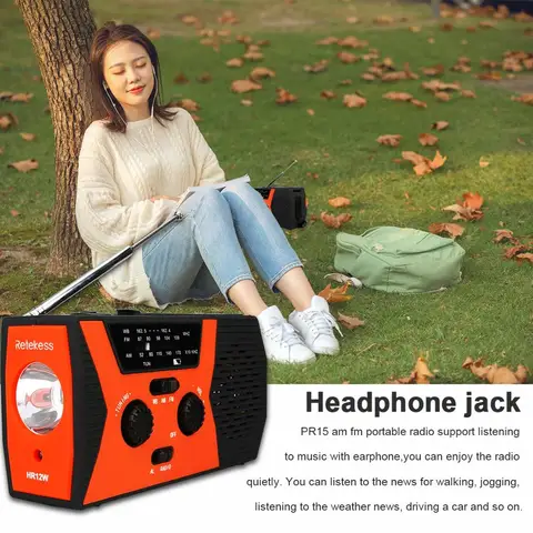 Radio de Emergencia Solar + Manivela (AM/FM/Clima) con Linterna y SOS (RETEKESS HR12W) — imagen 3