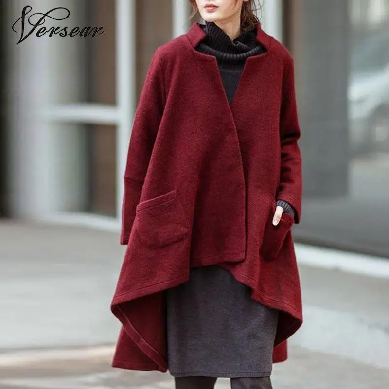 

Versear Plus Size 5XL Women Autumn Outerwear Casual Solid Notched Collar Pockets Long Sleeve Irregular Coat Fashion Poncho Coat