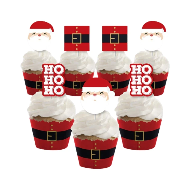 

24/48pcs Christmas Cupcake Toppers Wrappers Santa Claus Birthday Party Supplies R9JC