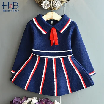 

Humor Bear Girls Sweater Dress Autumn College Wind Striped Lapel Pleated Spring And Autumn Children'S Princess Bottoming Dress