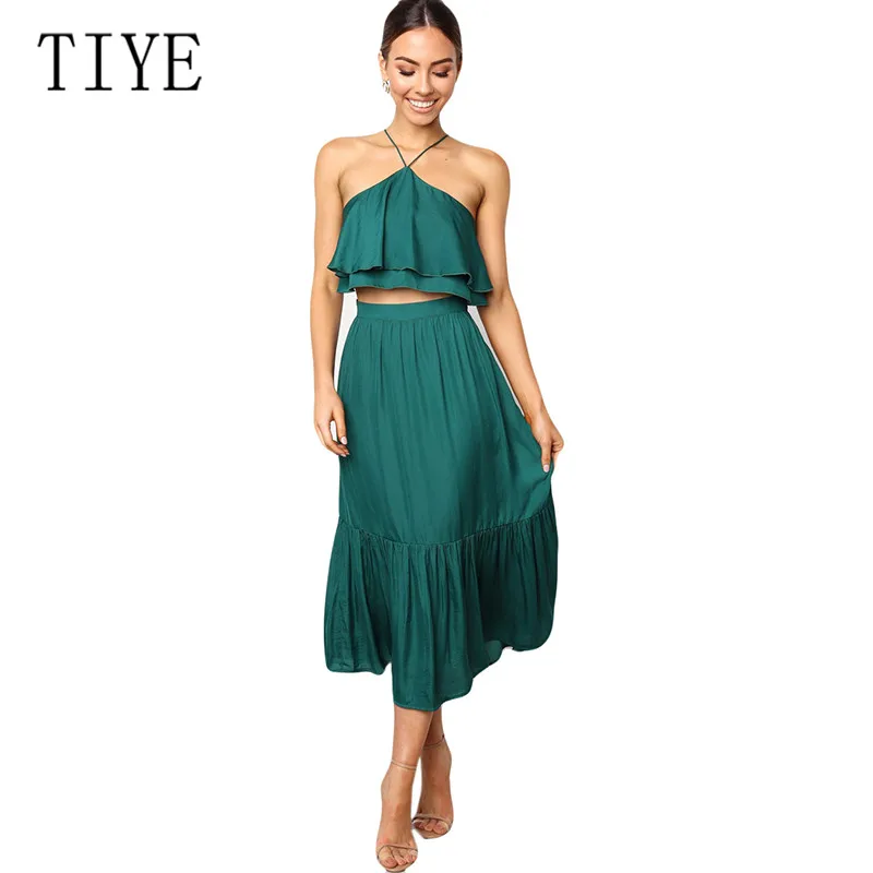 

TIYE New Hot Summer Two Pieces Sets Dress Women Sexy Off Shoulder Ruffles Top + Skirts Female Casual Holiday Hollow Out Outfits