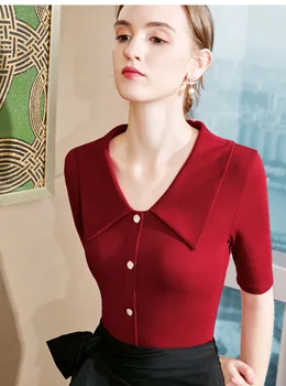 

Mid-sleeved T-shirt women 2020 new top shirt shirt women's five-point sleeves French retro lapel shirt T-shirt