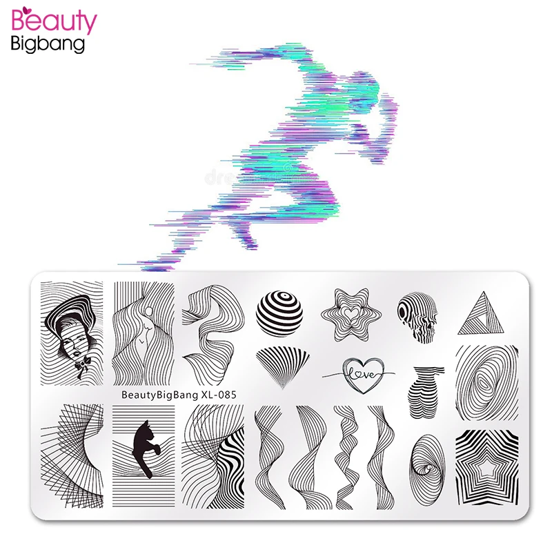 Beautybigbang штамповочные пластины для ногтей линии Кошка Полосатый Сердце Звезда Вихрь изображение из нержавеющей стали набор для печати на ногтях шаблон XL-085