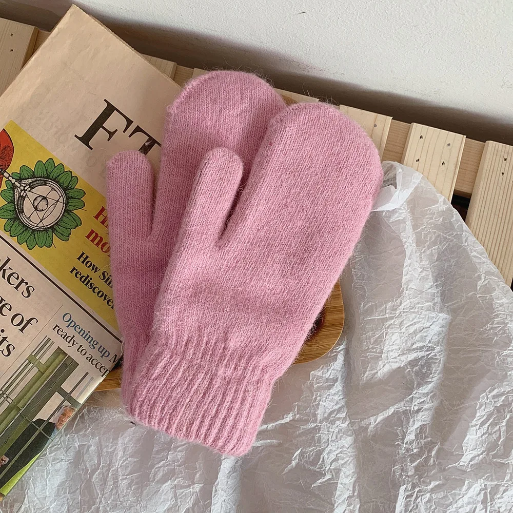 pink Новинка, двухслойные перчатки из кроличьей шерсти, женские зимние корейские однотонные перчатки на все пальцы, зимние женские перчатки, варежки для девочек - Цвет: pink