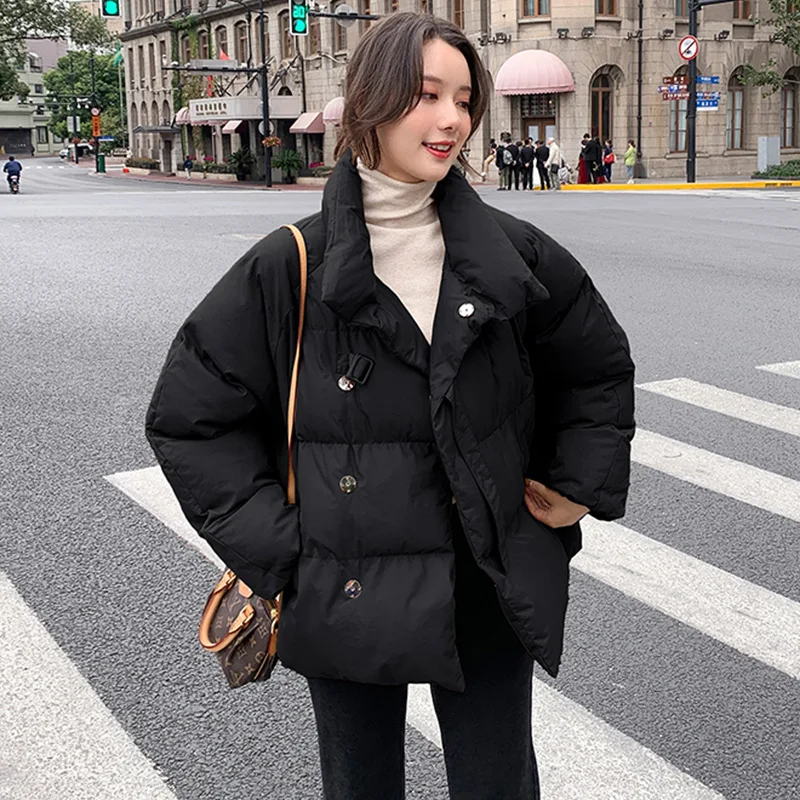 Осенне-зимнее корейское повседневное пальто, пальто Harajuku, Женская хлопковая стеганая куртка, свободные пальто, утолщенная теплая хлопковая однотонная верхняя одежда