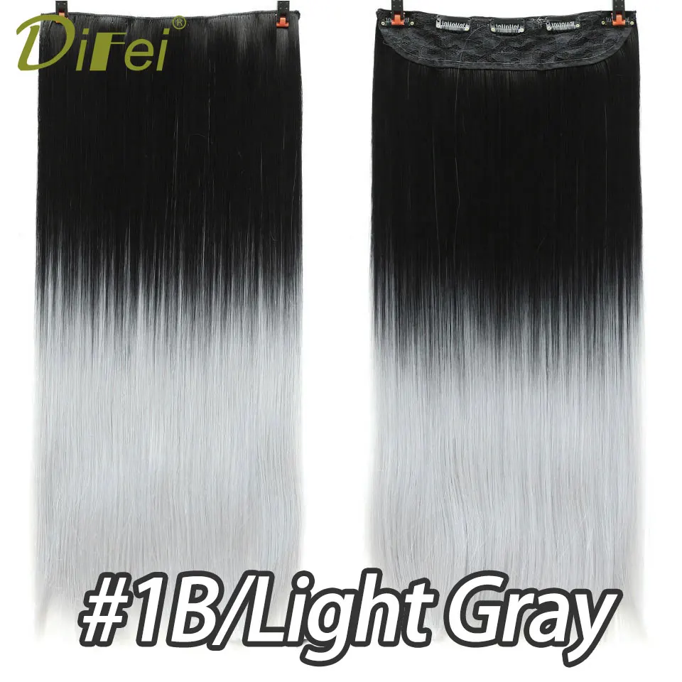 DIFEI, женские Синтетические прямые волосы для наращивания на заколках, 24 дюйма, высокотемпературное волокно, накладные волосы, натуральный головной убор - Цвет: 1B-LIGHT GRAY