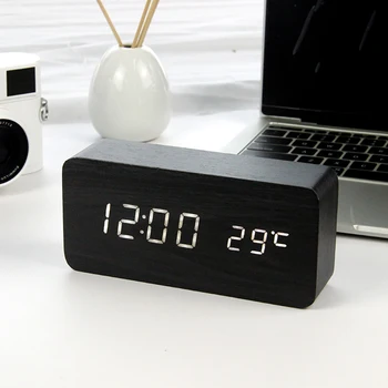 

Alarm Clock Multifunction Digital Clock LED Alarm Clock Wood White Voice Control USB Powered Thermometer Office Home Decoration