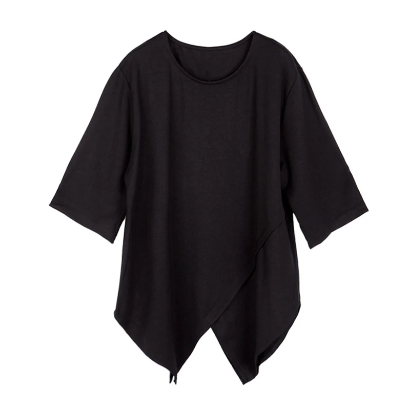 [EAM] Women Black Irregular Big Size T-shirt New Round Neck Three-quarter Sleeve  Fashion Tide  Spring Summer 2020 1Z356