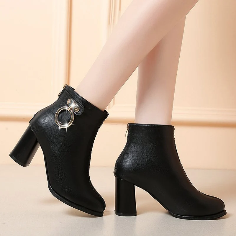 E TOY WORD High-heeled Booties 2019 Autumn New Women Ankle Boots round head Martin boots fashion leather shoes thick heel boots