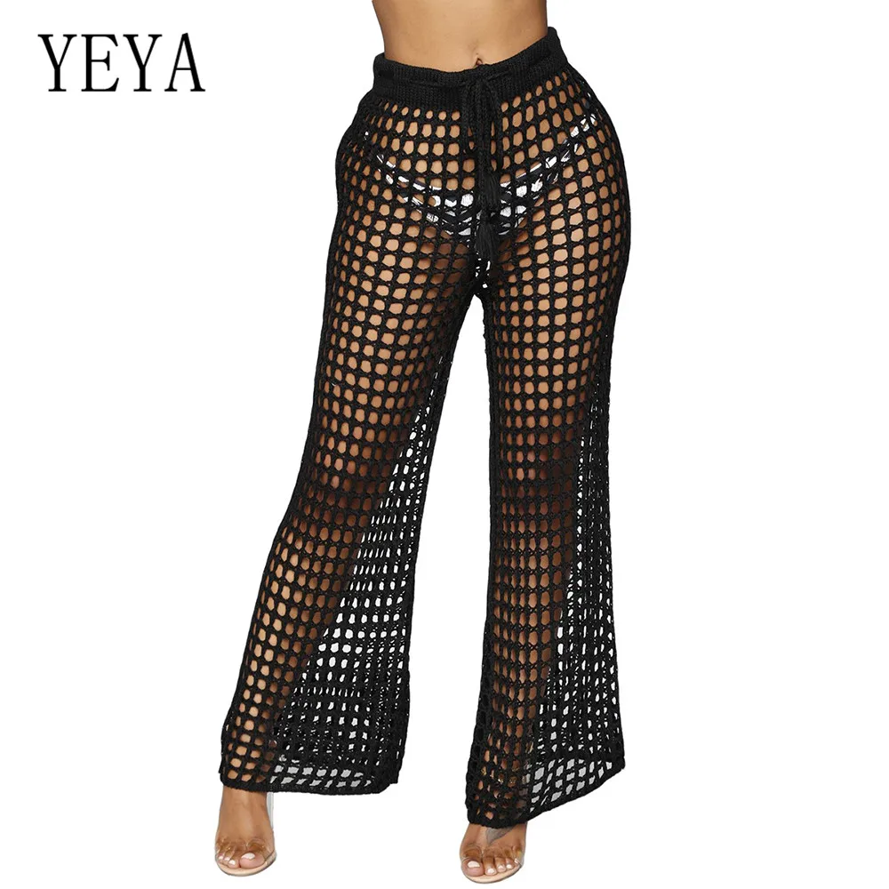 

YEYA Summer Beach Knitted Sexy Hollow Out Pants See Through Mesh Crochet Flare Pants Women Bodycon Party Trousers Clubwear