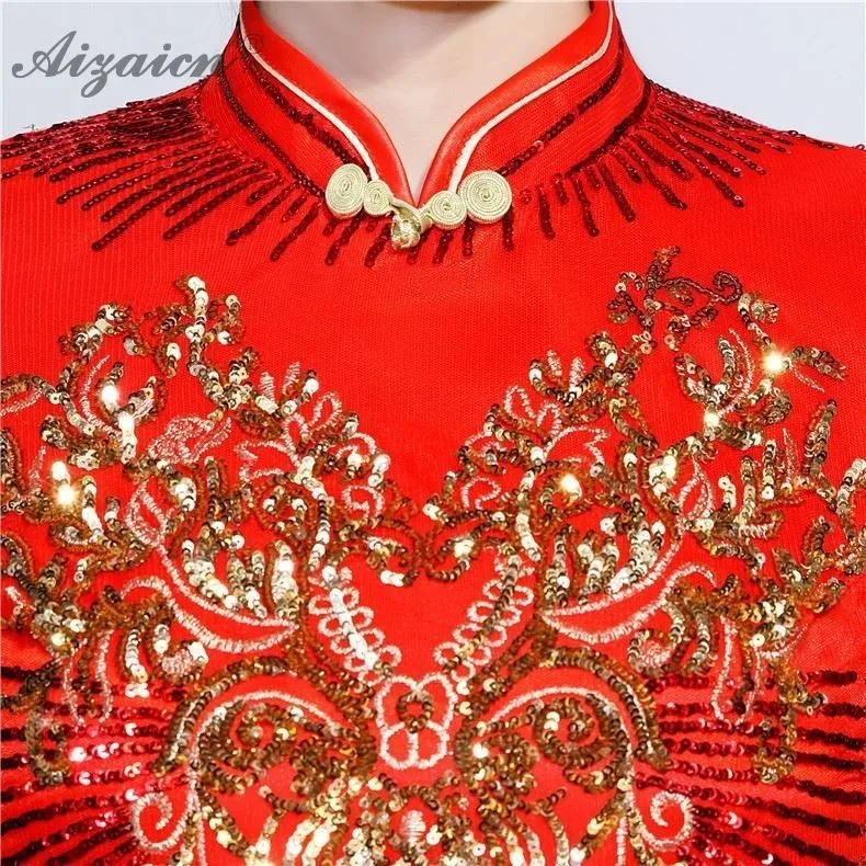 Красные Блестки Сексуальные Cheongsam современные элегантные китайские традиционные Вечерние Платья Восточный Стиль свадебное платье Мода Qipao Qi Pao