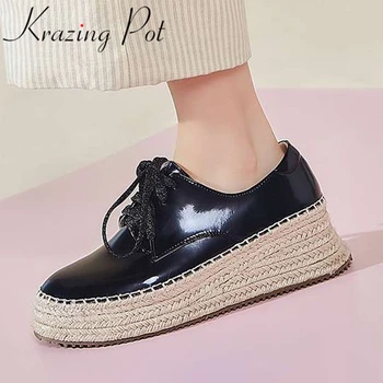 

Krazing pot new genuine leather round toe thick bottom wedges butterfly-knot European style daily wear lace up spring pumps L26