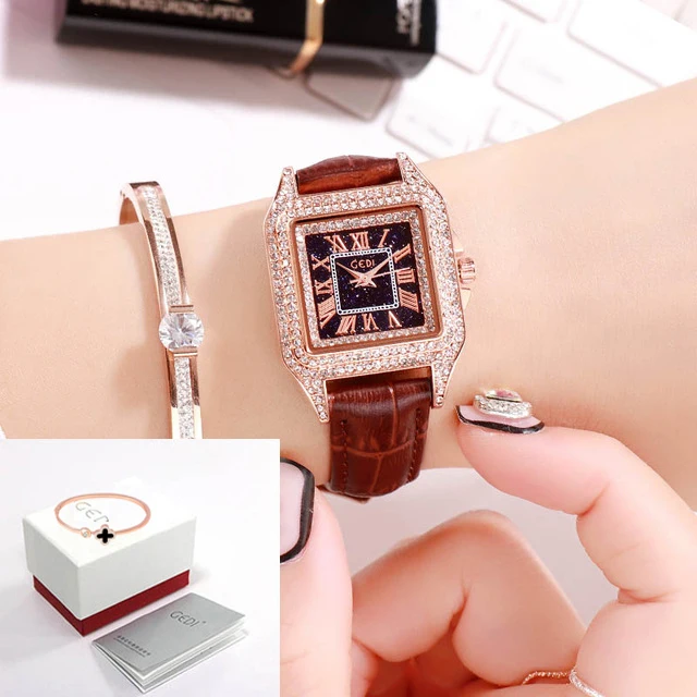 GEDI лучший бренд роскошные женские часы кварцевые женские наручные часы модные часы женские наручные часы кожаный ремешок - Цвет: Brown box