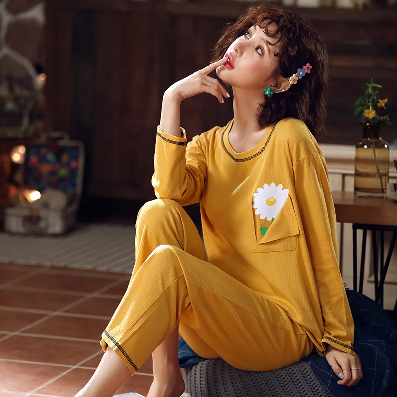 

Korean-style Spring And Autumn Pajamas Women Long Sleeve Pure Cotton Loose Pocket Flower Home Wear Fresh Students Outer Wear Two