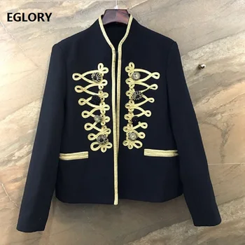 

2019 Autumn Winter Fashion Jacket High Quality Women Luxury Embroidery Beading Button Long Sleeve Vintage Tops Coat Blue Black