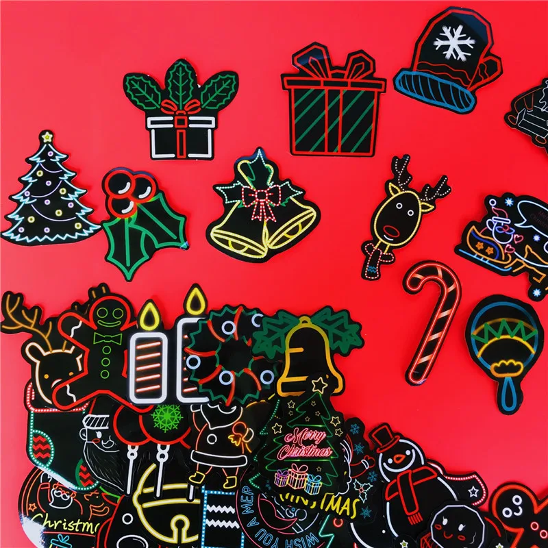 10/30/50PCS Christmas Ornaments Christmas Elements Neon Lights Computer Skateboard Stickers Graffiti Decoration Toys Wholesale