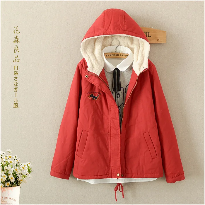

2017 Winter New Style Japanese-style Mori Girl Line Cartoon Cat Embroidery Hooded plus Velvet Cotton Coat Women's 11017