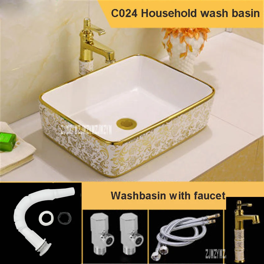 C024 European-style Square Countertop Sinks Home Gold Ceramic Washbasin Household Luxurious Artistic Wash Basin Bathroom Sink |