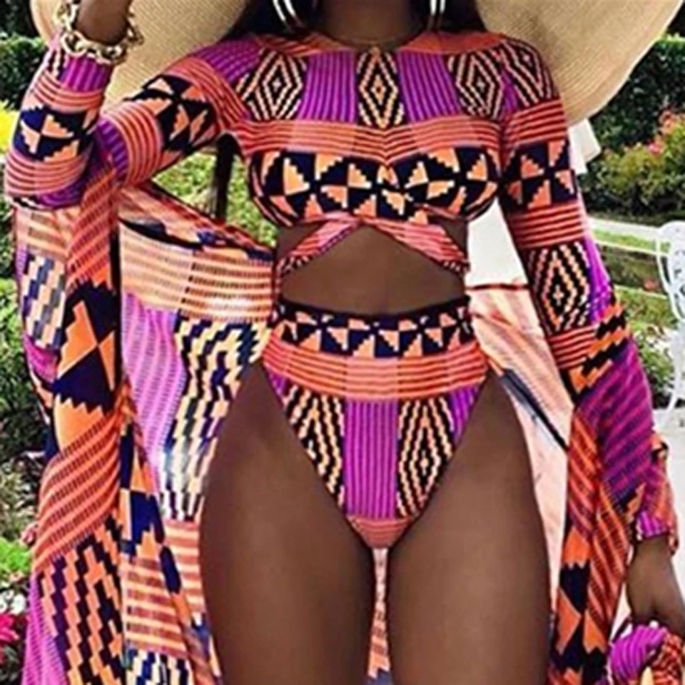 

High Waist Bikini 2020 Swimwear Women Swimsuit Sexy Printed Bikini Set Long Sleeve Swimwear Cross Strap Swimsuits Biquini