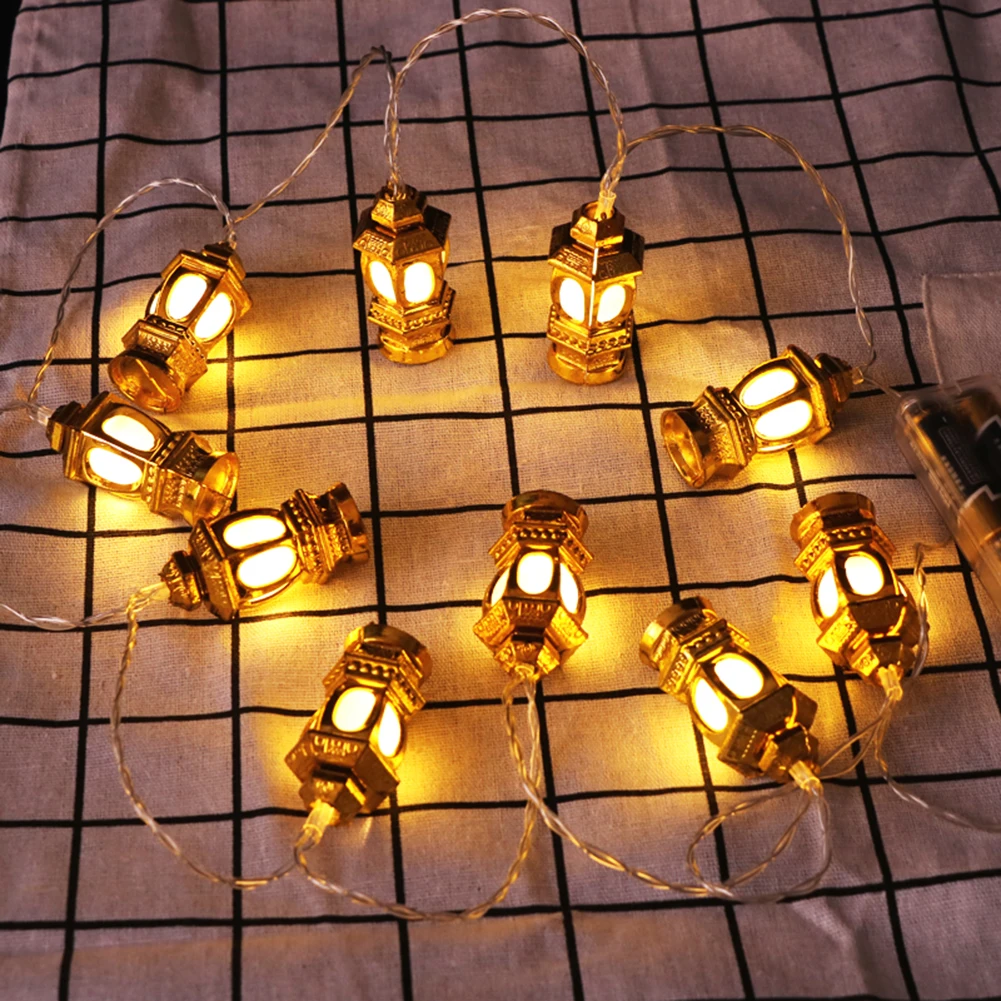 Pingente de Luz Ramadan Ouro Lanterna Corda Árabe Festival Islâmico Bateria Lâmpada Presente Cortina Iluminação Decoração 10 Led 4 Fios de LED
