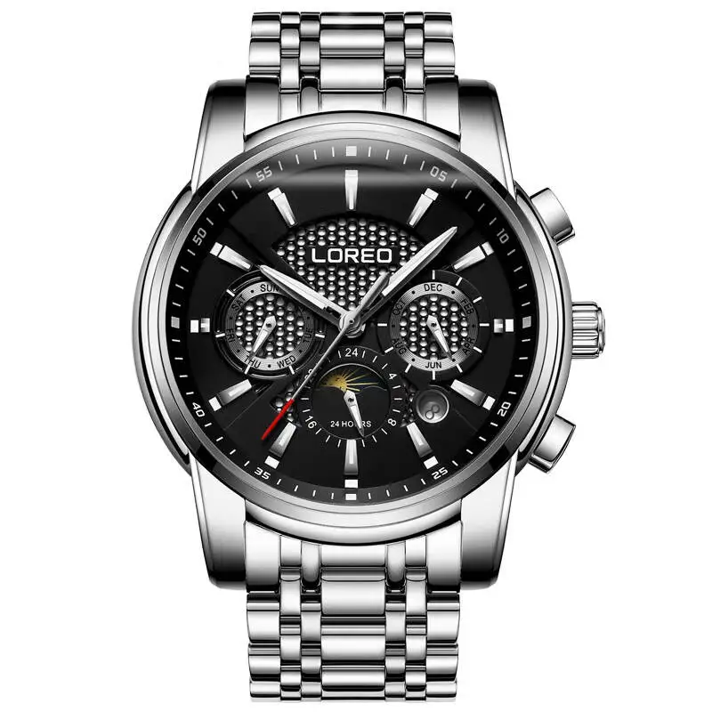 LOREO 6109 Германия Moon phase Неделя Месяц Дисплей автоматические механические мужские часы из нержавеющей стали светящиеся водонепроницаемые Модные - Цвет: Черный