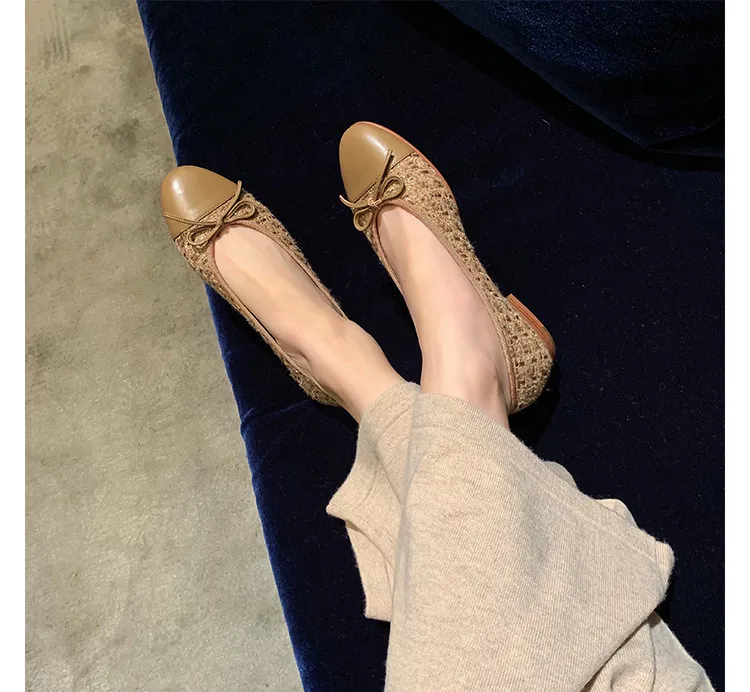Ballet Flats Classic Shoes Women Basic 2023 Leather Tweed Cloth Two Color Splice Bow Round Ballet Shoe Fashion Flats Women Shoes