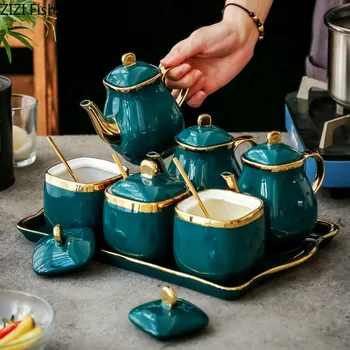 

Nordic style Home Supplies Kitchen Seasoning Tools 7 piece set Ceramic Seasoning Jar Set Salt Sugar Seasoning Box Spice Jar