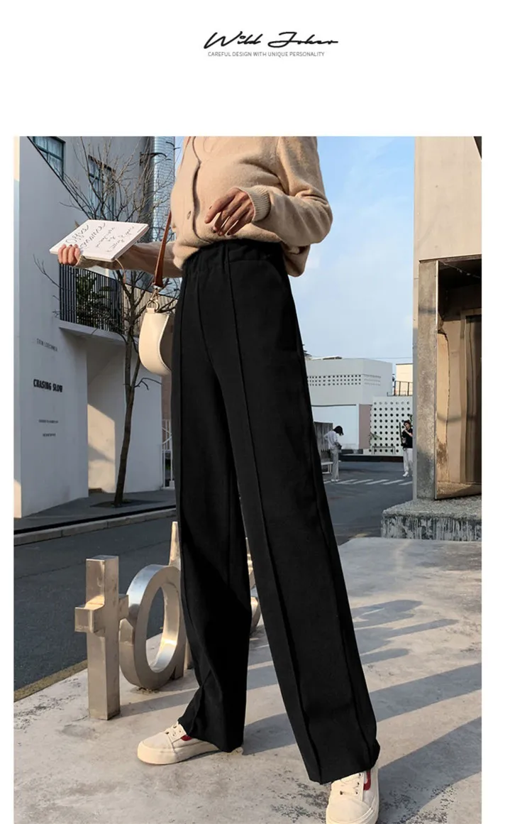 Корейские осенние зимние женские длинные брюки с высокой талией абрикосовые черные утепленные женские брюки Элегантные повседневные свободные шерстяные шаровары