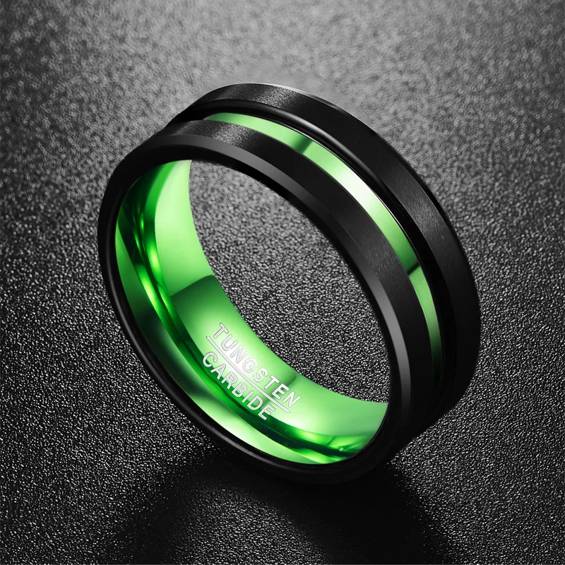 Tungsten steel ring flat single groove inner green 8mm width 100% genuine wedding band tungsten carbide 4