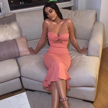 

2019 Newest Celebrity Evening Party Dress Women Pink Sleeveless Strapless Hollow Out Sexy NigtClub Dress Women Mermaid Vestidos