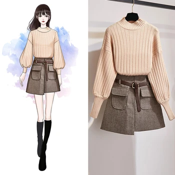 

Half Turtleneck Women Skirt Set Puff Sleeve Knit Sweater And Plaid Tweed Skirt 2 Piece Set Women Autumn Simple Woolen Skirt Suit