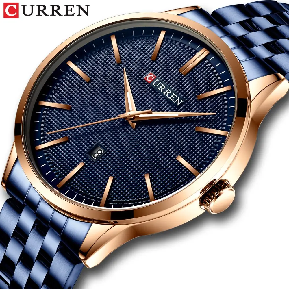 Модные кварцевые часы для мужчин CURREN, новые мужские часы, ремешок из нержавеющей стали, мужские синие наручные часы, повседневные деловые часы