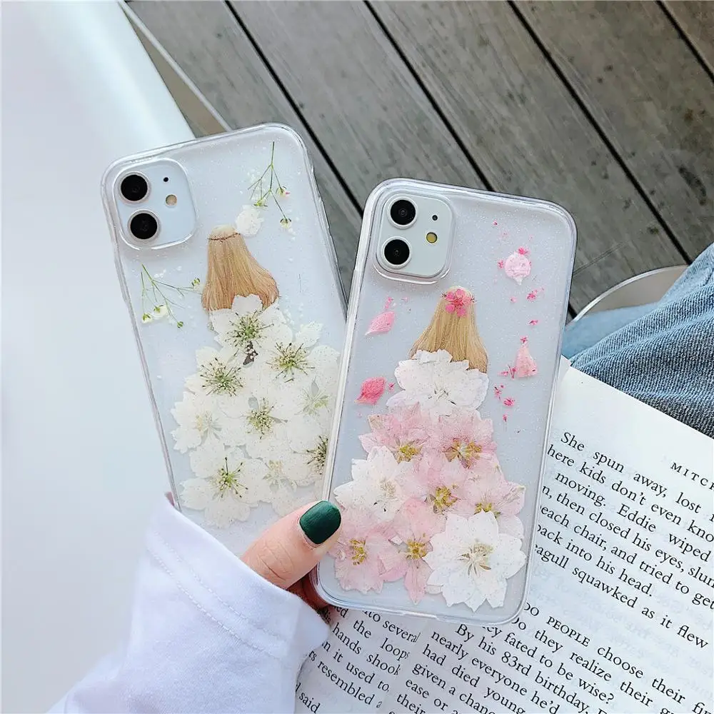 Cute Real Dried Flower Girl Transparent Phone Case For iPhone Xs 11 Pro Max XR X 8 7 6 6S Plus Soft TPU Clear Back Cover Coques | Мобильные