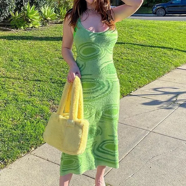 2021 Print Knit Bodycon Dress Women Green Y2K Summer Hollow Out Sexy Sleeveless Spaghetti Strap Beach Midi Dresses Party 4
