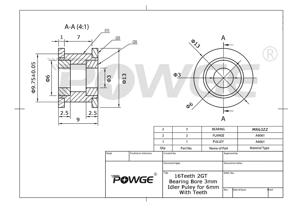 Синхронное отверстие натяжного шкива POWGE 2GT 16 зубцов 3 мм с подшипником для ширины