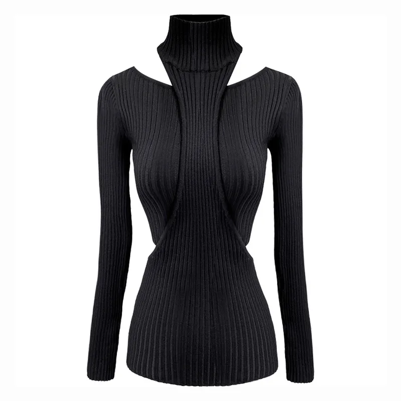 

Women Sweater Hollow Out Turtleneck Black Sweaters Women Asymmetry Off Shoulder Turtleneck Pullovers Knitting Tops 2020 Fashion