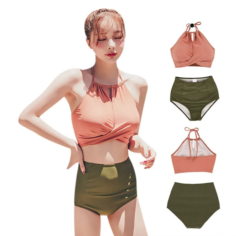 

Women Sexy Swimsuit Sweet Bikini Solid Color High Waist Swimwear Halter Cross Strap Bandage Split Skin-Friendly Bikini Set