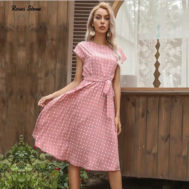 2021 New Summer Polka Dots Sleeveless Pleated Dresses For Women High Waist Midi Elegant Office Green Lady Dinner Party Clothes 3