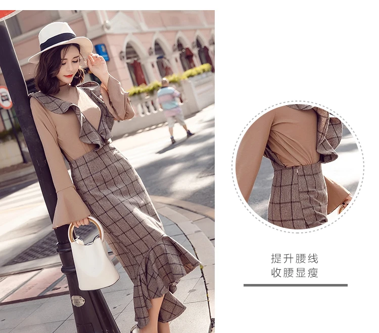 Весенние высококачественные новые женские топы с расклешенными рукавами+ Женский комплект 2 шт. клетчатое платье "рыбий хвост" DC843