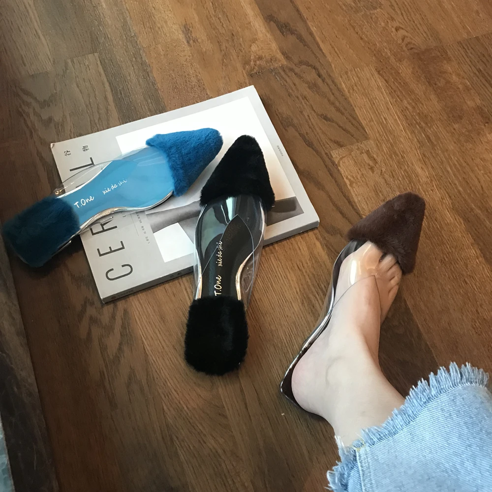 

zapatos de mujer furry slides designer slides outdoor ladies slippers sexy shoes Pointed transparent low heel mules shoes
