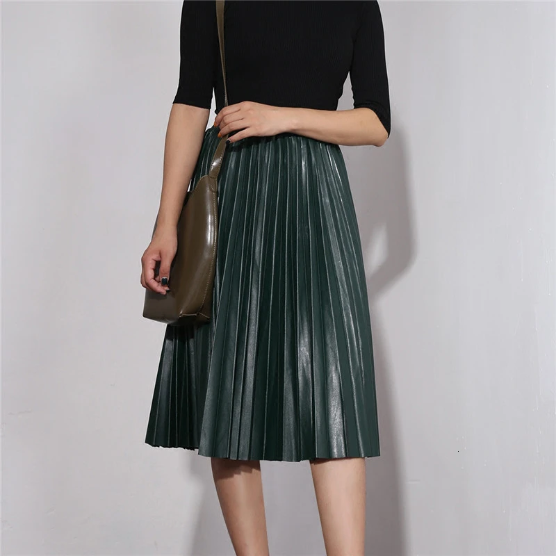 Эластичная талия линия из искусственной кожи женская модная плиссированная юбка осень зима женские длинные юбки