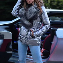 

FOR New shiny big fur collar short long-sleeved cotton-padded jacket casual women's fur collar hooded jacket long-sleeved luxur