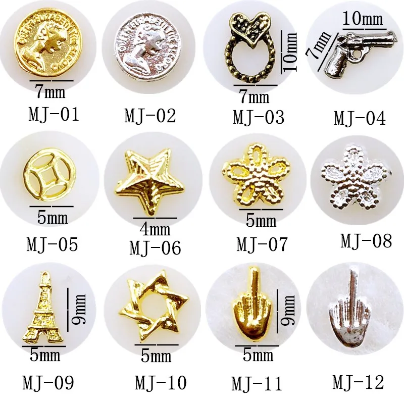 

50pcs/pack metal nail art coin heart loop gun pentagram six-star five flower palm for 3d jewelry nails sticker decoration art tools