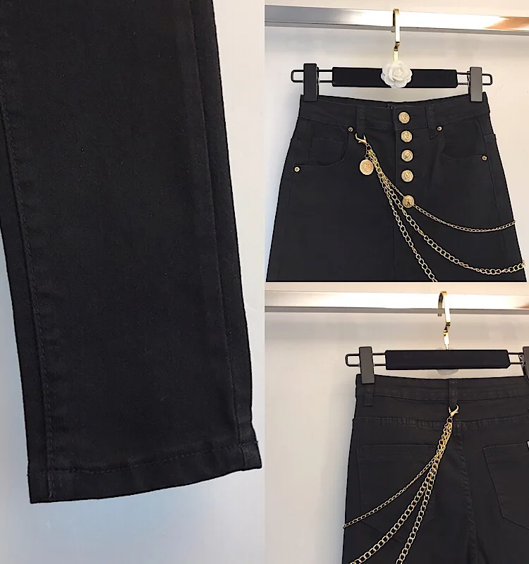 Gold chain waist chain solid color stretch Slim jeans women new autumn pencil pants