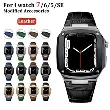 

44mm 40mm Genuine Leather Band+ Stainless Steel Metal Case For Apple Watch 7 SE 6 5 4 3 Sports Strap For Apple Watch Modified