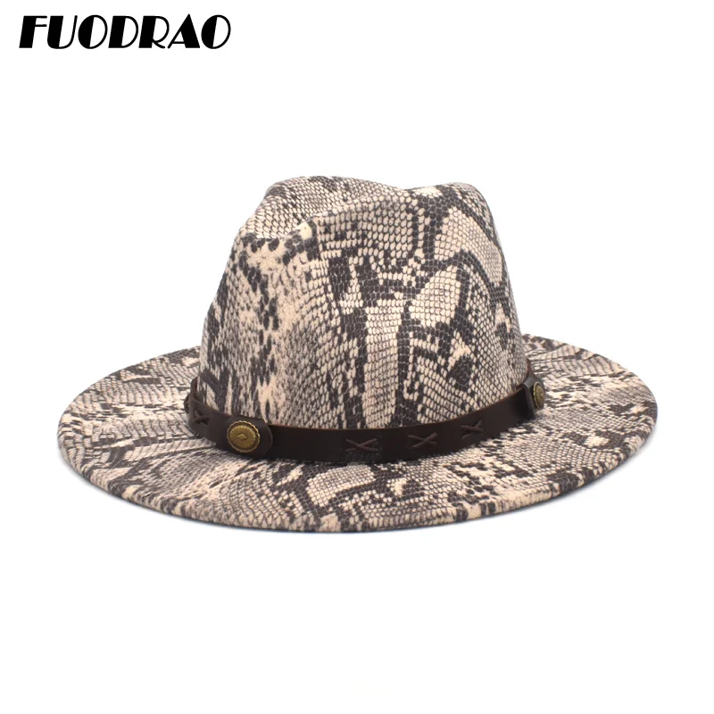 

FUODRAO Unisex Simple Flat Brim Wool Felt Jazz Fedora Hat Snake Pattern Leather Band Decoration Tribal Panama Hat F94