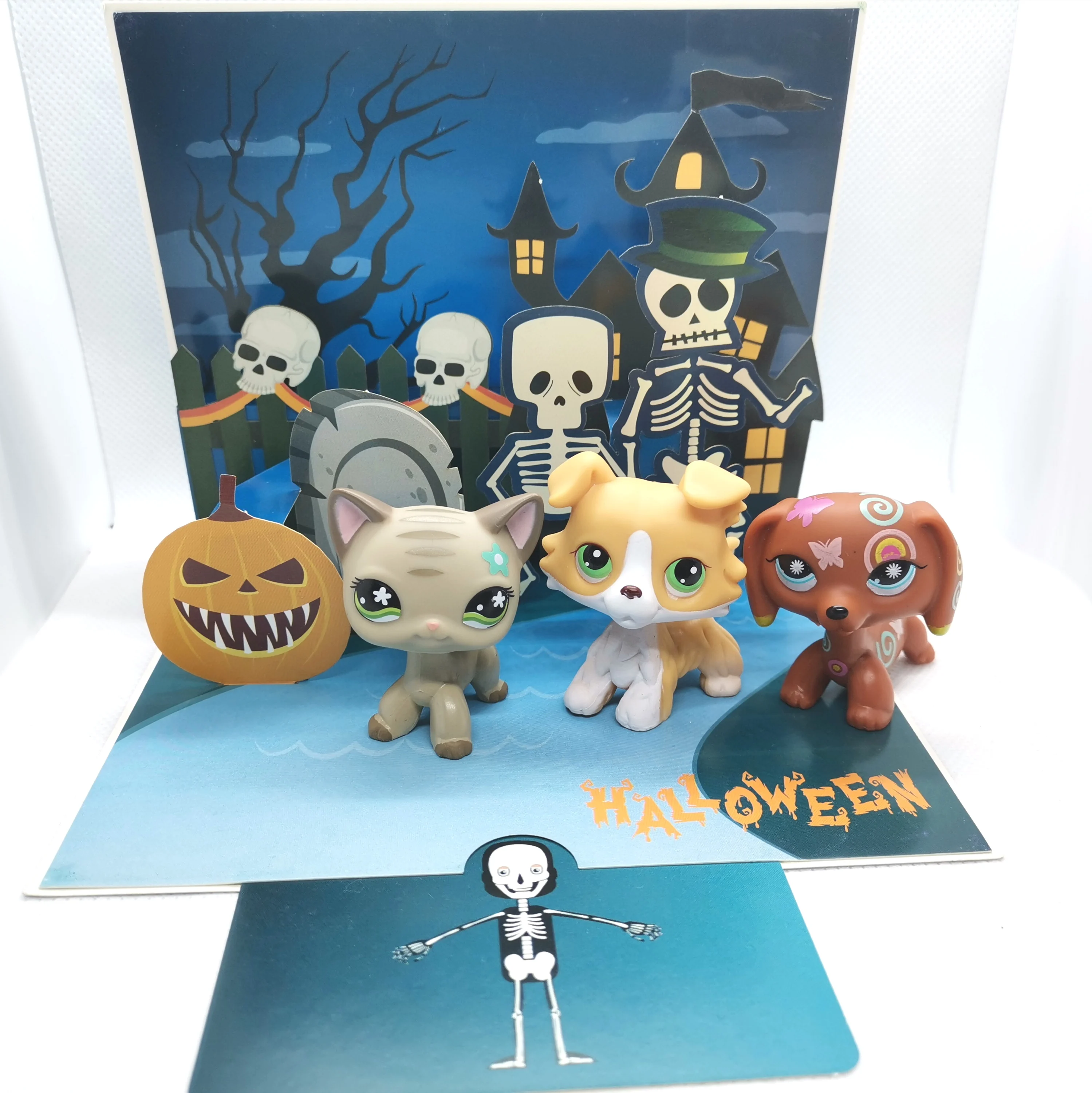 

3pcs/bag standing pet shop lps toys short hair cat collie dachshund spaniel great dane and Halloween card children gift