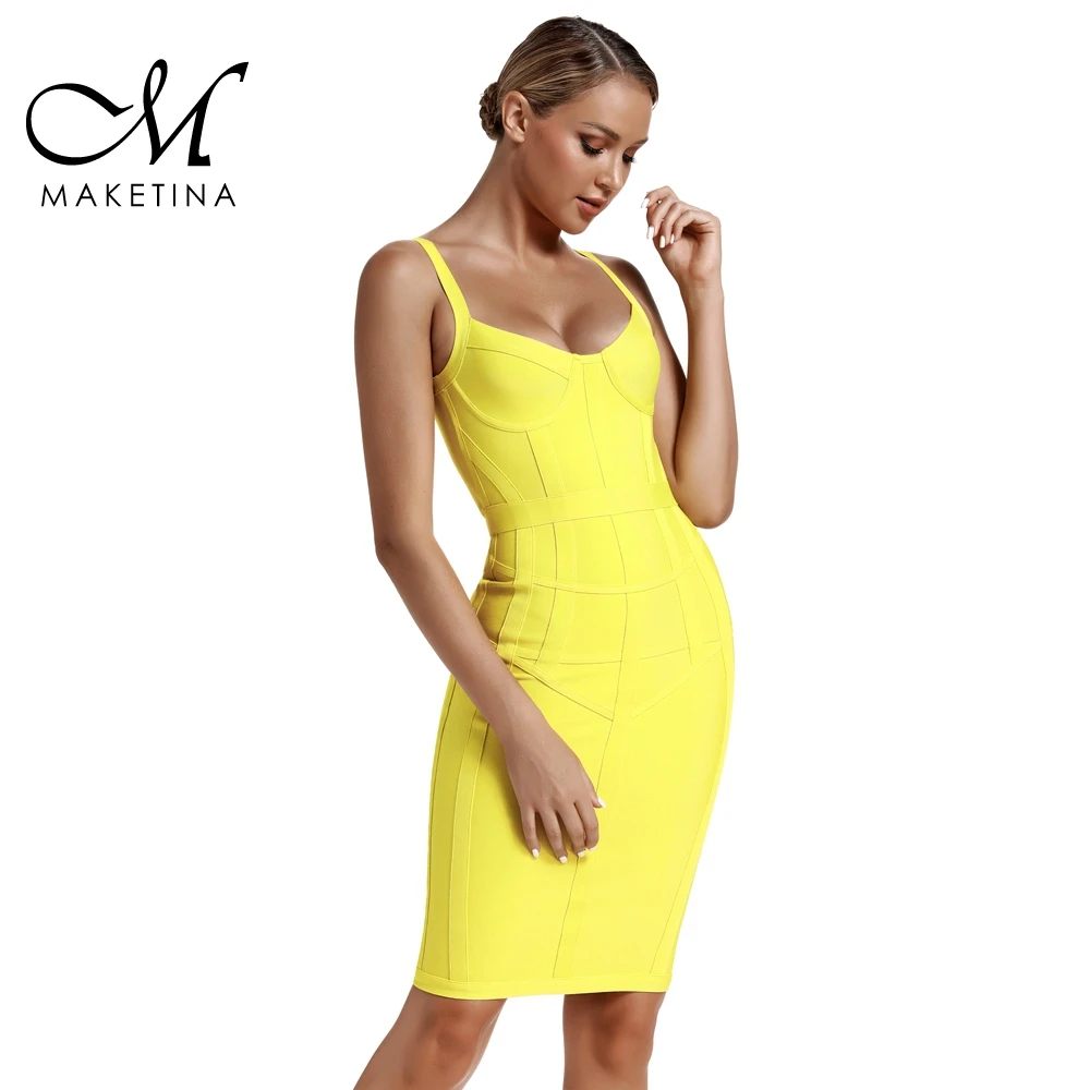 Maketina бандажные платья обтягивающие, Vestidos Новое поступление Полосатое желтое повязное платье Сексуальные Спагетти ремни для бандажа платье